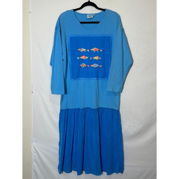 Johnny Was T-Shirt Vintage Maxi Dress Embroidered Fish Design Size M FLAWED - Picture 1 of 8
